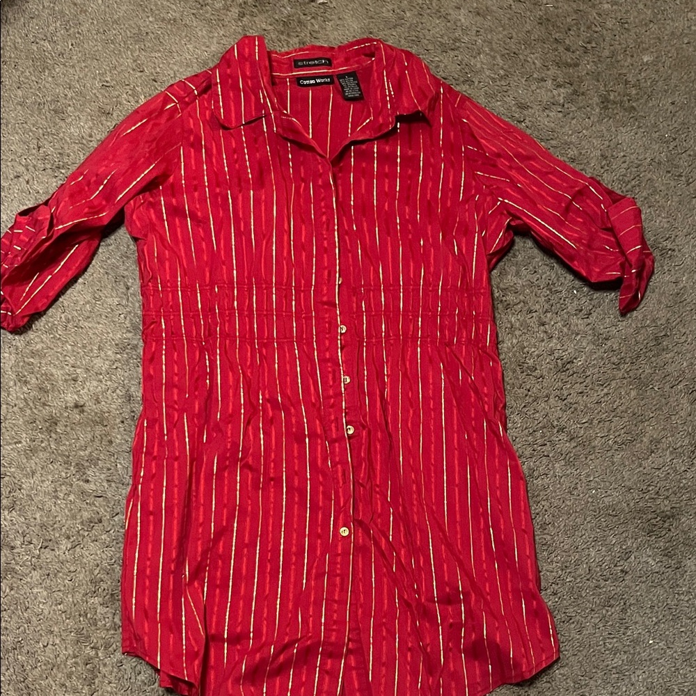 Elegant Red with gold stripes button down blouse dress